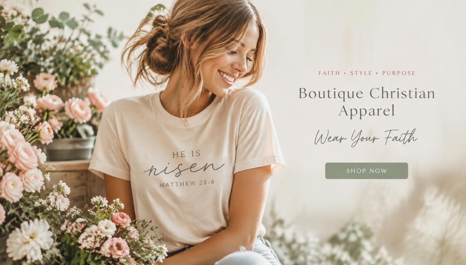 Woman wearing a cream faith-inspired t-shirt surrounded by flowers